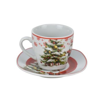 SET 6 TAZZINE 90ML CON PIATTINO QUADRATO DECORO ALBERO DI NATALE