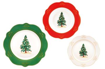 SERVIZIO PIATTI 18 PEZZI IN BONE CHINA DECORO ALBERO BORDO COLORATO