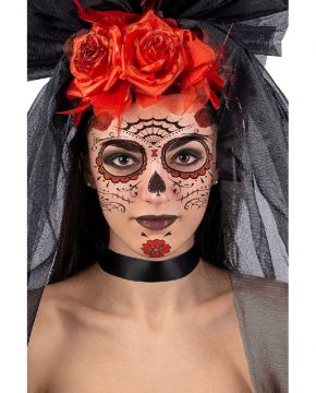 TATUAGGI ADESIVI PER VISO CON DECORO TESCHIO MESSICANO+RAGNATELA