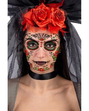 TATUAGGI ADESIVI PER VISO CON DECORO TESCHIO MESSICANO+ROSE 