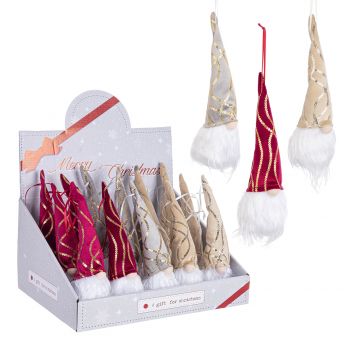 PENDENTE NATALIZIO CON GNOMO E CAPPELLO DECORATO H. 20CM ASSORTITO