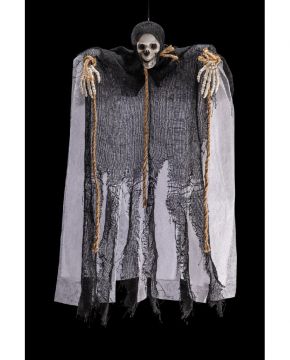 SCHELETRO DA APPENDERE CON CORDE E ABITO NERO H. 70CM