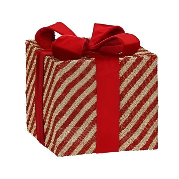 PACCO REGALO MEDIO IN TESSUTO A RIGHE ORO/ROSSO 20X20CM H 23CM