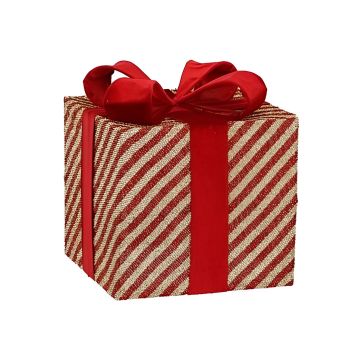 PACCO REGALO GRANDE IN TESSUTO A RIGHE ORO/ROSSO 25X25CM H 28CM