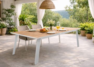 TAVOLO ALL. DA ESTERNO CM 220X76 METALLO BIANCO E PIANO EFFETTO LEGNO 