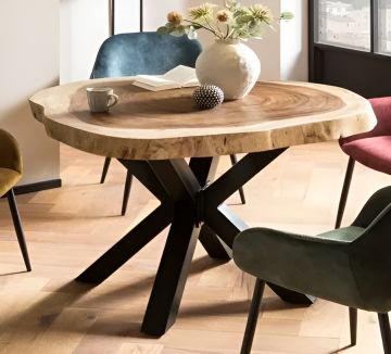 TAVOLO TONDO CM 80X95 H.76 METALLO NERO E PIANO IN LEGNO DI ACACIA NATURALE 