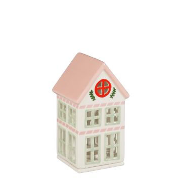 DECORAZIONE CASA BIANCA E ROSA CON LUCE A BATTERIA 9.5X9CM H. 17.5CM