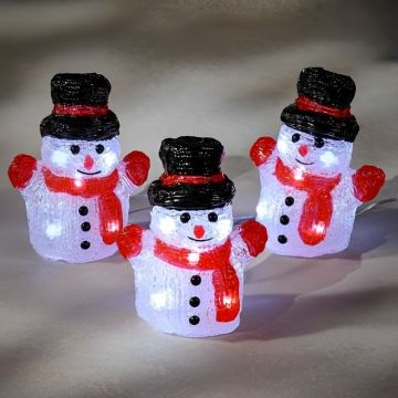SET 3 PUPAZZI DI NEVE ACRILICO 10 LED LUCE FREDDA BATTERIA 10X6,5X13,5CM