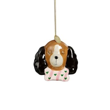 CANE MARRONE DA APPENDERE CON OSSO ROSA IN CERAMICA 7.5X4CM H 7.5CM
