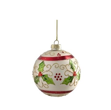 SFERA DI VETRO DIAM. 10CM BIANCO PERLATO CON AGRIFOGLIO VERDE