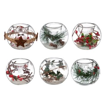 PORTA TEALIGHT IN VETRO TRASPARENTE C/DECORO INTERNO D 8CM H 8CM ASS