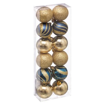 SET 12 SFERE DI PLASTICA DIAM. 4CM ORO/BLU LUCIDE/OPACHE/GLITTER