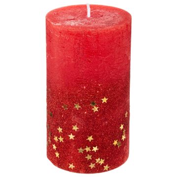 CANDELA CILINDRICA ROSSA CON STELLE DORATE E GLITTER 7X12CM