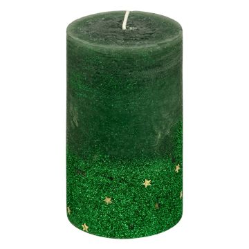 CANDELA CILINDRICA VERDE CON STELLE DORATE E GLITTER 7X12CM