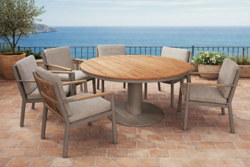 SET TAVOLO ROTONDO + 6 SEDIE DA ESTERNO IN ALLUMINIO TORTORA E TEAK 