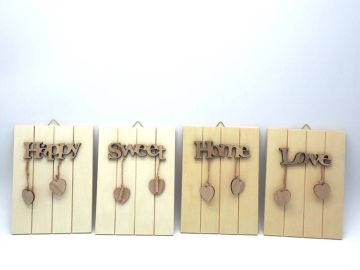 QUADRETTO LEGNO C/SCRITTA DECOUPAGE C/PENDENTI H.18X13CM