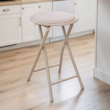 SGABELLO PIEGHEVOLE IN ECOPELLE E ACCIAIO DIAM. 30CM H. 45CM BEIGE