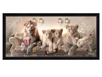 QUADRO LION FAMILY LUXURY 140X63CM CON CORNICE NEWTON NERA 152X75CM