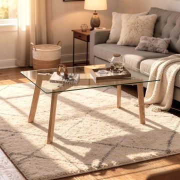 TAVOLINO MOD. TAHO CM 110X60 H. 45 IN METALLO EFFETTO LEGNO E VETRO TEMPERATO