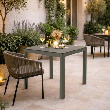 TAVOLO FISSO DA ESTERNO MOD. ELLA CM 90X90 H.75 IN ALLUMINIO TORTORA E VETRO