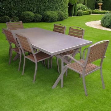 SET TAVOLO + 6 SEDIE IN ALLUMINIO TORTORA E PVC EFFETTO LEGNO NATURALE