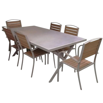 SET TAVOLO + 6 SEDIE IN ALLUMINIO TORTORA E PVC EFFETTO LEGNO NATURALE