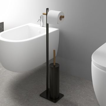 LINEA ROLLE - PIANTANA PORTA ROTOLO E PORTA SCOPINO NERO OPACO E LEGNO