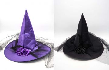 CAPPELLO STRAGE C/VELO/FIORI/PIUME H38/D.44CM NERO/VIOLA