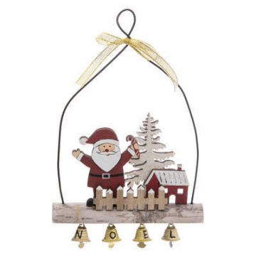 PENDENTE NATALIZIO CON BABBO NATALE SU RAMO E CAMPANELLE NOEL 12X2.5 H. 16.5CM