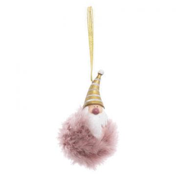 PENDENTE NATALIZIO CON GNOMO IN RESINA E POMPON ROSA D. 5.5CM H. 11.5CM