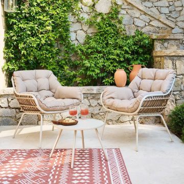 SALOTTO DA ESTERNO PAOPAO IN ACCIAIO ARGILLA E POLYRATTAN