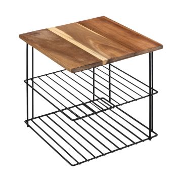 SCAFFALE ANGOLARE CM 24X24 H.24 IN METALLO NERO E LEGNO DI ACACIA