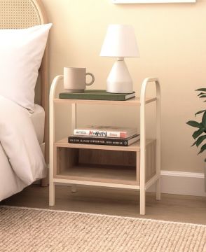 COMODINO MOD. CURVY CM 40X30 H.50 METALLO BEIGE/MDF EFFETTO LEGNO NATURALE  