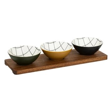 SET APERITIVO MOD CORNER 3 CIOTOLE CERAMICA/ VASSOIO IN ACACIA 37X12,5X6