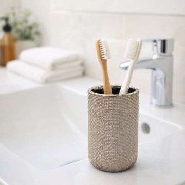 BICCHIERE PORTA SPAZZOLINO IN GRES ORO/CHAMPAGNE