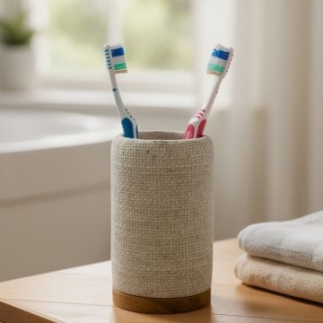 BICCHIERE PORTASPAZZOLINI IN RESINA SABBIOSA EFFETTO TESSUTO AVORIO E NATURALE