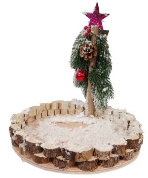 BASE IN LEGNO CON ALBERO/PIGNE/BACCHE INNEVATE DIAM. 27CM
