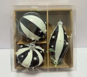 CONFEZIONE 3 SFERE DI VETRO A RIGHE BIANCHE/NERE FORME ASSORTITE