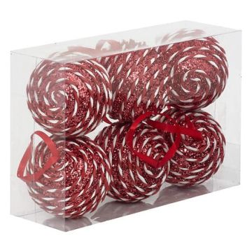 CONFEZIONE 6 SFERE DI PLASTICA D 8CM ROSSE GLITTERATE/BIANCHE