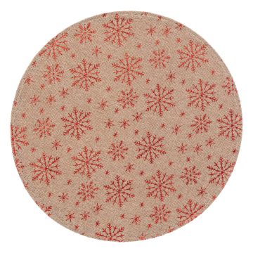 TOVAGLIETTA POLIESTERE EFFETTO JUTA CON FIOCCHI DI NEVE ROSSI DIAM. 38CM