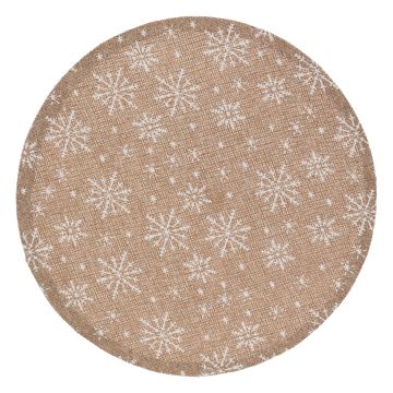 TOVAGLIETTA POLIESTERE EFFETTO JUTA CON FIOCCHI DI NEVE BIANCHI DIAM. 38CM
