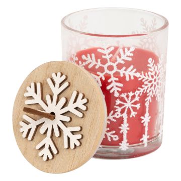 CANDELA PROFUMATA ROSSA 120GR VASO VETRO CON FIOCCHI DI NEVE 7X9CM