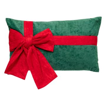 CUSCINO IN VELLUTO VERDE CON FIOCCO ROSSO 50X10 H. 30CM