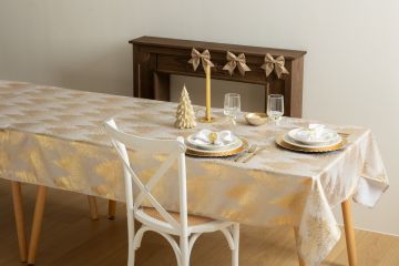TOVAGLIA 8/10 PERSONE IN POLIESTERE ORO/BEIGE CON ALBERI 240X140CM