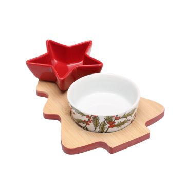 SET APERITIVO NATALIZIO 2 CIOTOLINE IN CERAMICA + 1 VASSOIO IN LEGNO