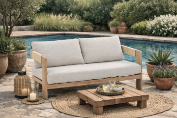 DIVANO 2P DA ESTERNO ORYNA IN ALLUMINIO EFFETTO LEGNO MIELE E MELANGE BEIGE