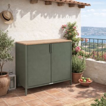 CREDENZA DA ESTERNO IRONIA CM 90.5X45 H.87 ACCIAIO ALLORO E PIANO EFFETTO LEGNO LINO