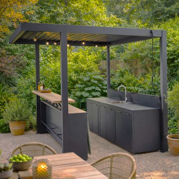 CUCINA DA ESTERNO OXYANA + BAR E PERGOLA CM 258X258 H.235 IN ACCIAIO ANTRACITE 