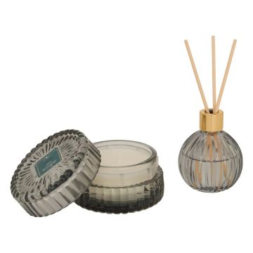 SET 2PZ CANDELA E PROFUMATORE OUD IN VETRO GRIGIO