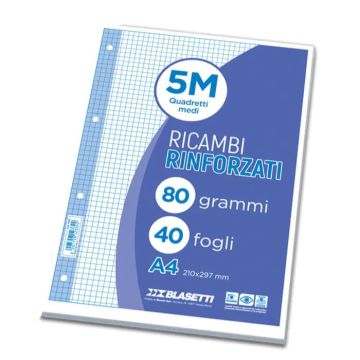 CONFEZIONE 40 FOGLI RICAMBI RINFORZATI A5 QUADRETTI